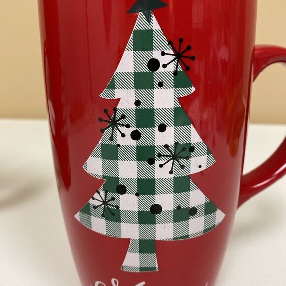 Merry Christmas Red Mug Plaid Tree with Removable Open Close Lid Set of 2 - Picture 7 of 14